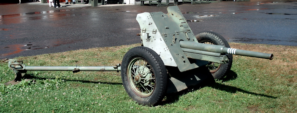 Soviet 45 mm anti-tank gun M1937, displayed in Finnish Tank Museum (Panssarimuseo) in Parola. Photo taken on July 14, 2006.