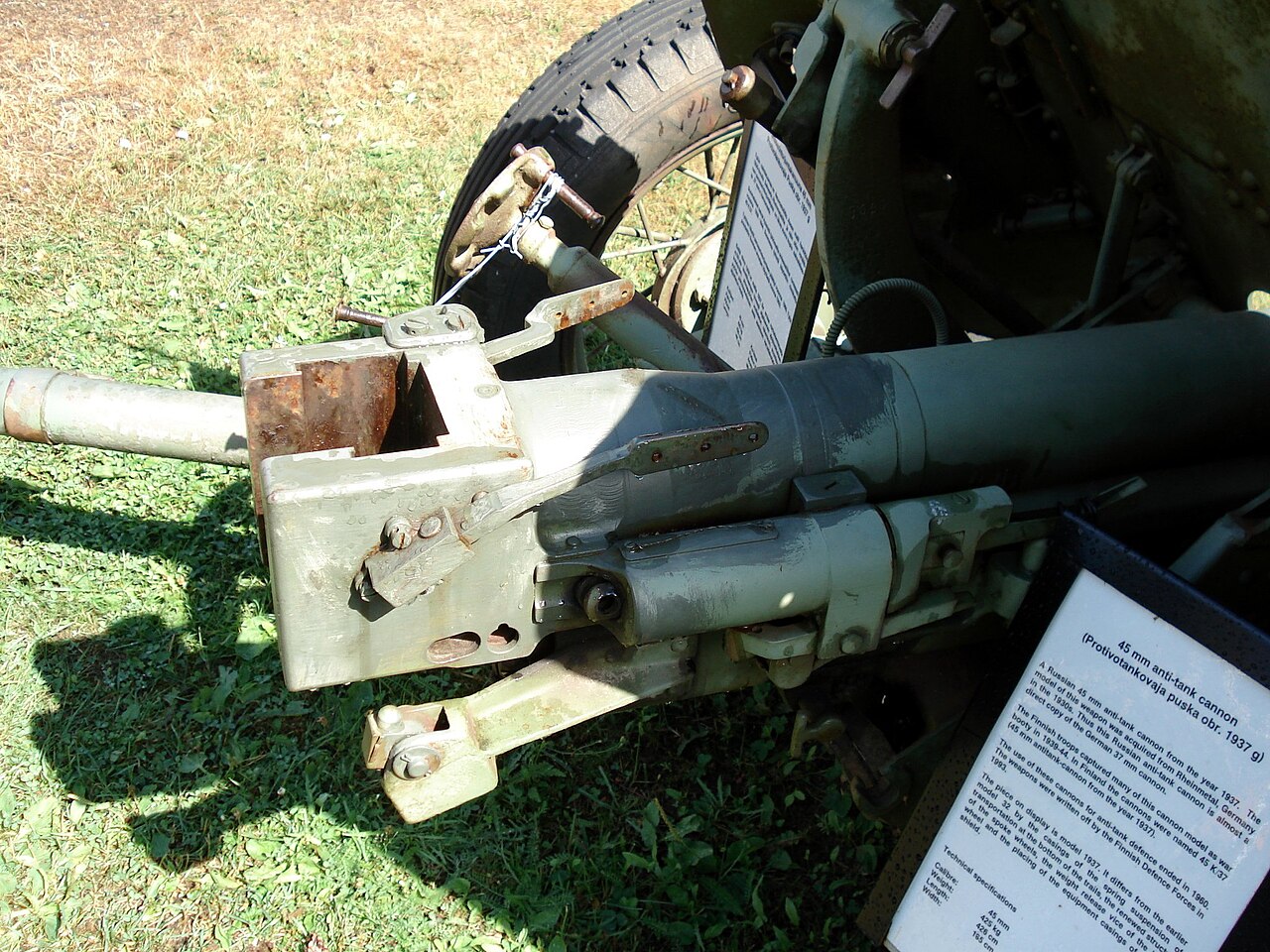Soviet 45 mm anti-tank gun M1937, displayed in Finnish Tank Museum (Panssarimuseo) in Parola. Photo taken on July 14, 2006.