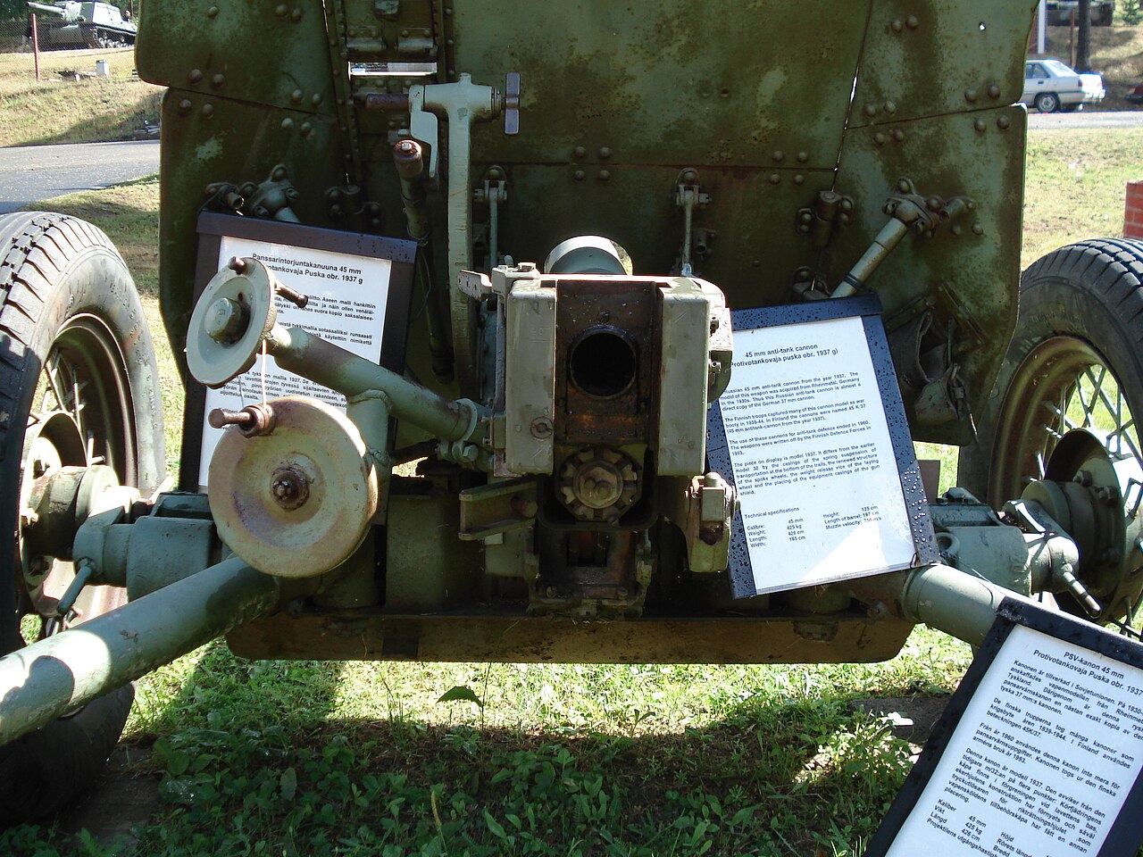 Soviet 45 mm anti-tank gun M1937, displayed in Finnish Tank Museum (Panssarimuseo) in Parola. Photo taken on July 14, 2006.