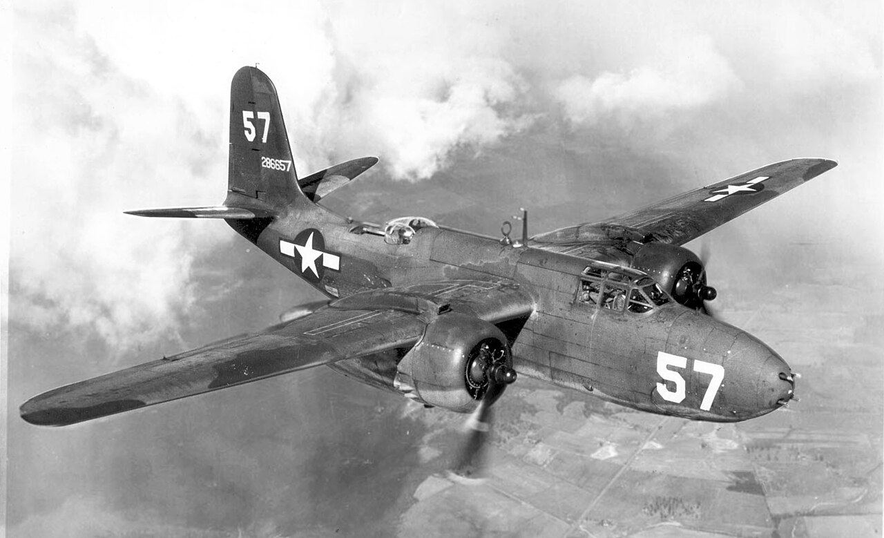 A U.S. Army Air Force Douglas A-20G-20-DO "No. 57" (S/N 42-86657) in flight.