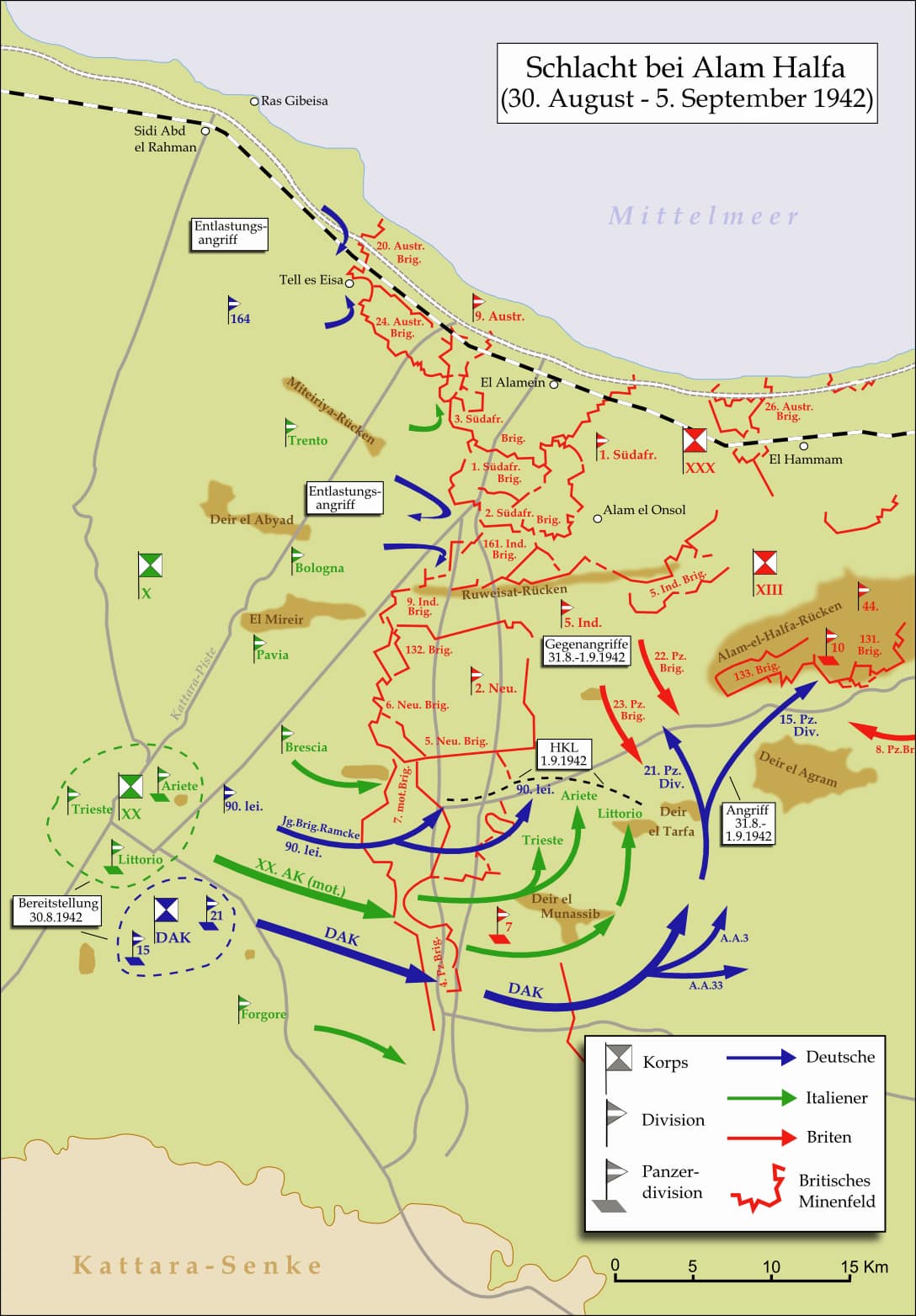 Map in German language showing the operations during the Battle of Alam el Halfa (1942). It is based (with several modifications) on a map in Ian Stanley Ord Playfair: The Mediterranian and the Middle East, Vol.III, Her 