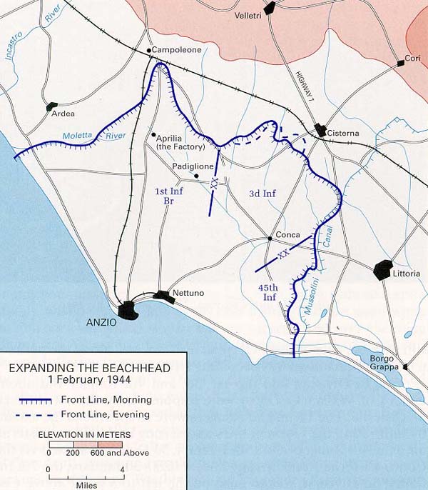 Allied Force dispositions at Anzio, 1st February 1944
