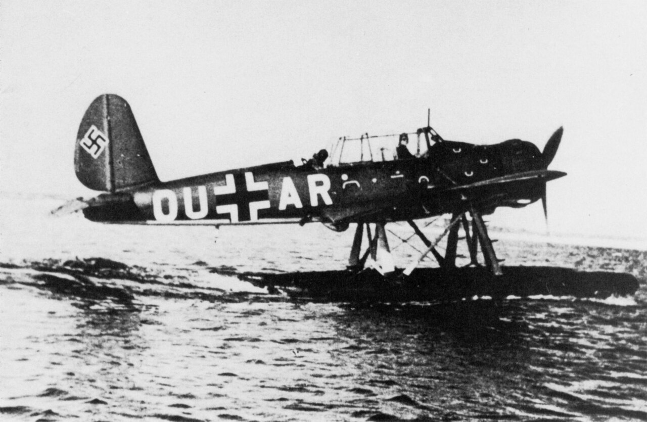A German Arado Ar 196A-2 (OU+AR) seaplane taxiing.