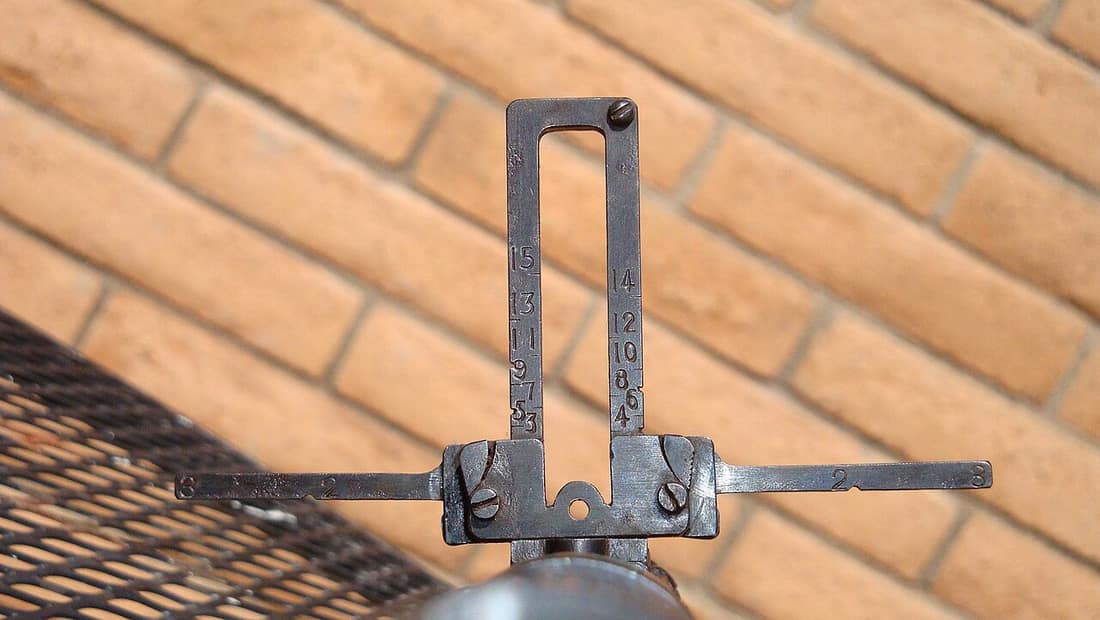 The sight tower of an early Arisaka Type 99 rifle (antiaircraft sights intact, deployed).
