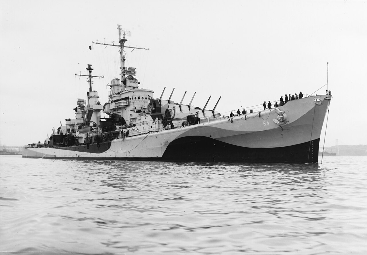 The U.S. Navy light cruiser USS San Juan (CL-54) off San Francisco, California (USA), on 14 October 1944. She is wearing Camouflage Measure 33, Design 22D.