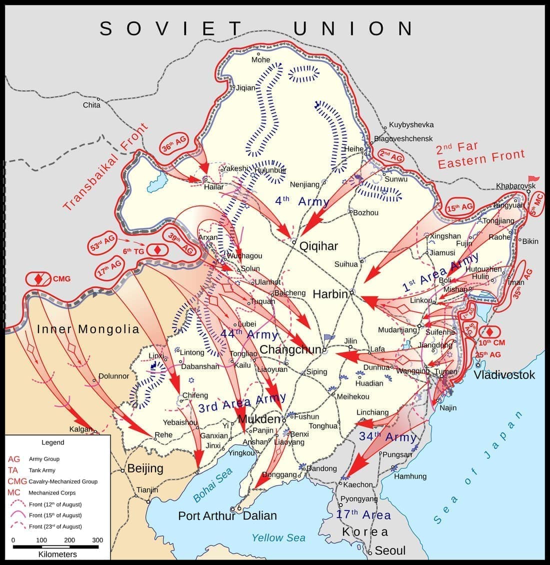 Map showing the Soviet Union's 1945 Invasion of Manchuria, also known as Operation August Storm. Based on David Glantz's maps in Levenworth Paper No 7 - Feb 1983.