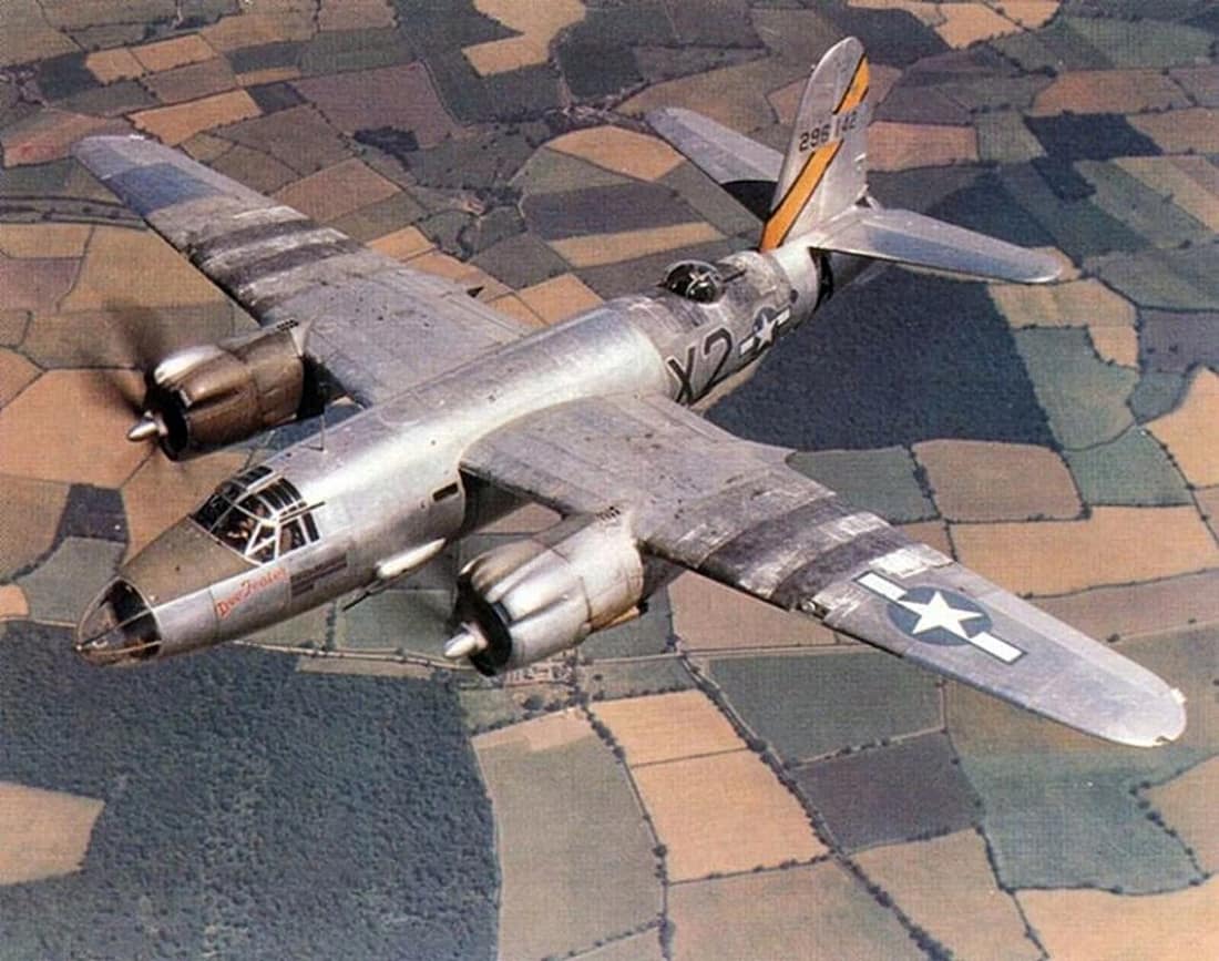 A U.S. Army Air Forces Martin B-26B-55-MA Marauder (s/n 42-96142). The aircraft was assigned to the 596th Bombardment Squadron, 397th Bombardment Group, 98th Bombardment Wing, 9th Bomber Command, 9th Air Force in Europe.