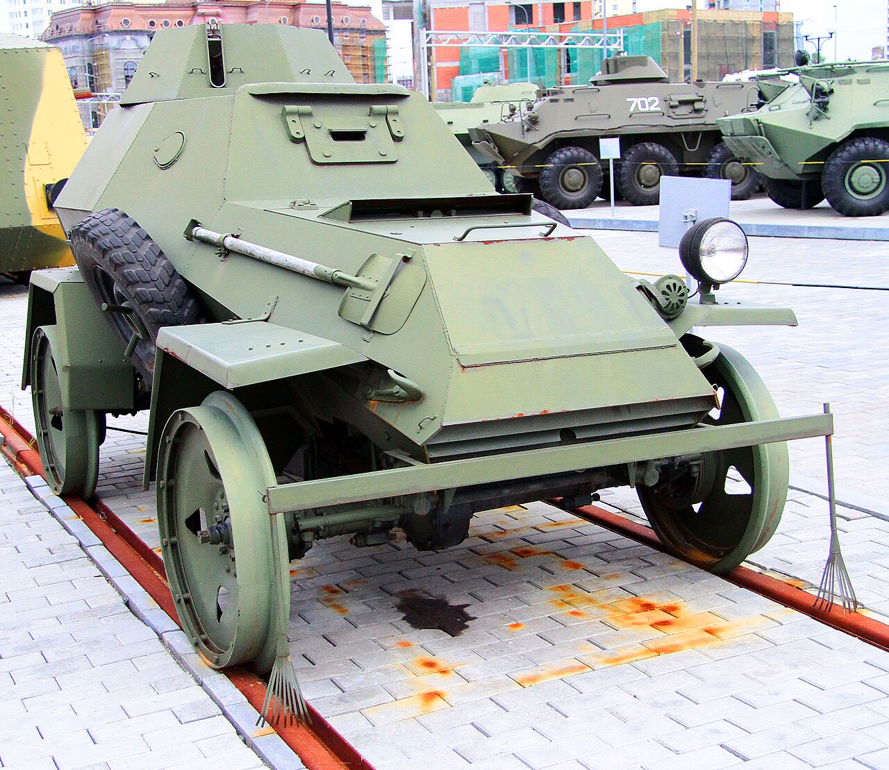 Front view of the BA-64 railroad version replica pictured in "Museum of military and automobile vehicles" situated in the city of Verkhnyaya Pyshma, Russia.