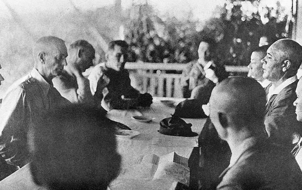 A captured Japanese photograph of the surrender negotiations between Brevet Lieutenant General Jonathan M. Wainwright IV (August 23, 1883 - September 2, 1953) and Imperial Japanese 14th Area Army Commander Lieutenant Gen