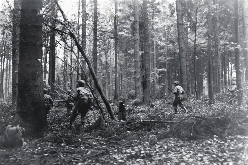 Soldiers from the 28th Infantry Division advance through the Hürtgen Forest in Germany on Nov. 2, 1944, during the Battle of Hürtgen Forest. (U.S. Army photo by pfc. G. W. Goodman)