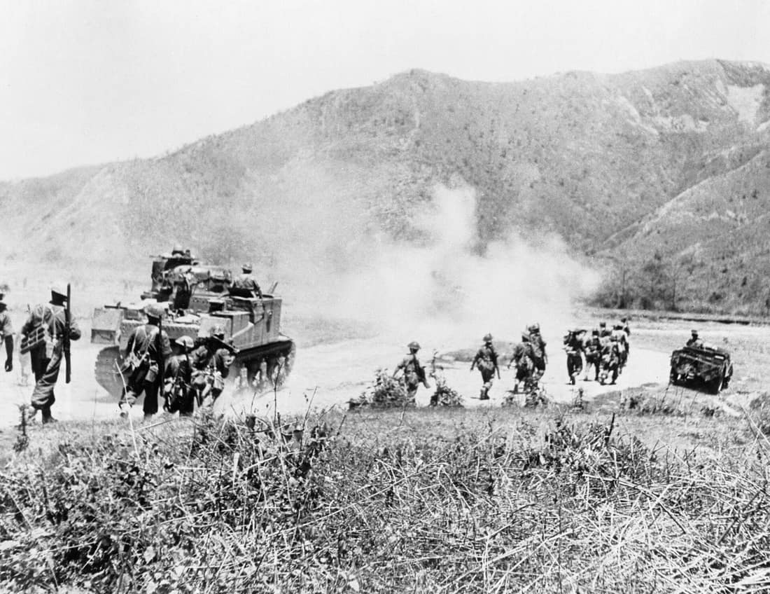 Gurkhas advancing with Lee tanks to clear the Japanese from Imphal-Kohima road [N.E. India]