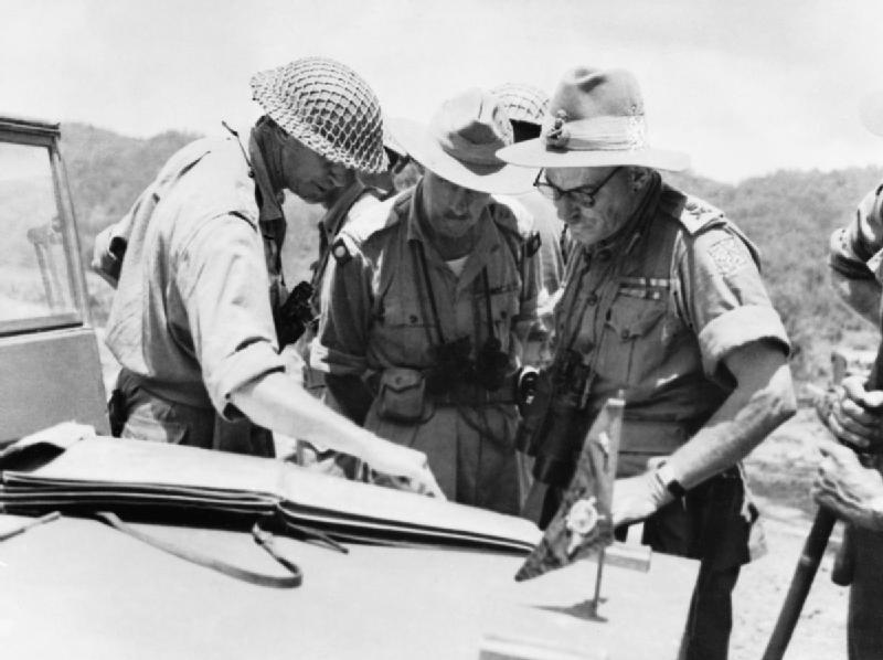 British Generals 1939-1945 General Sir Montagu Stopford (1892 - 1971): General Stopford, Commanding XXXIII Indian Corps (right), confers with Major J M L General Grover, General Officer Commanding 2nd Division (left) and