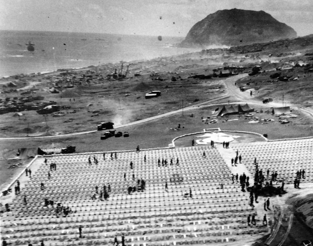 127-GW-305-142760: Battle for Iwo Jima, February-March 1945. Air view of 4th Division Cemetery. Photographed 1945. U.S. Marine Corps photograph, now in the collections of the National Archives. (2016/02/17).