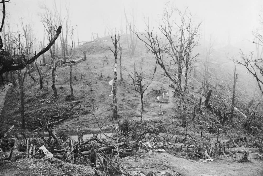 The Battle of Kohima March - July 1944: View of the Garrison Hill battlefield with the British and Japanese positions shown. Garrison Hill was the key to the British defences at Kohima.