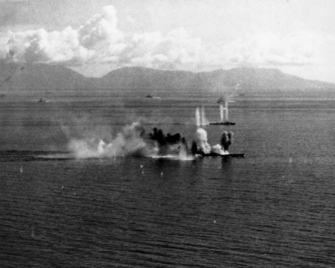 U.S. Navy Task Force 38 aircraft attack the Japanese battleship Musashi (foreground) and a destroyer in the Sibuyan Sea, 24 October 1944.