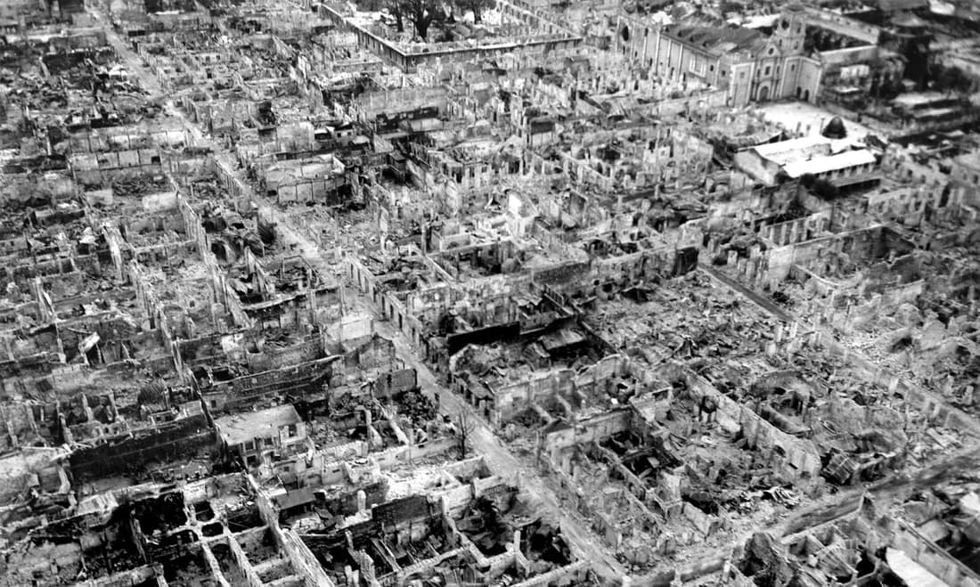 Destruction at the Walled City (Intramuros district) of old Manila in May 1945 — after the Battle of Manila.