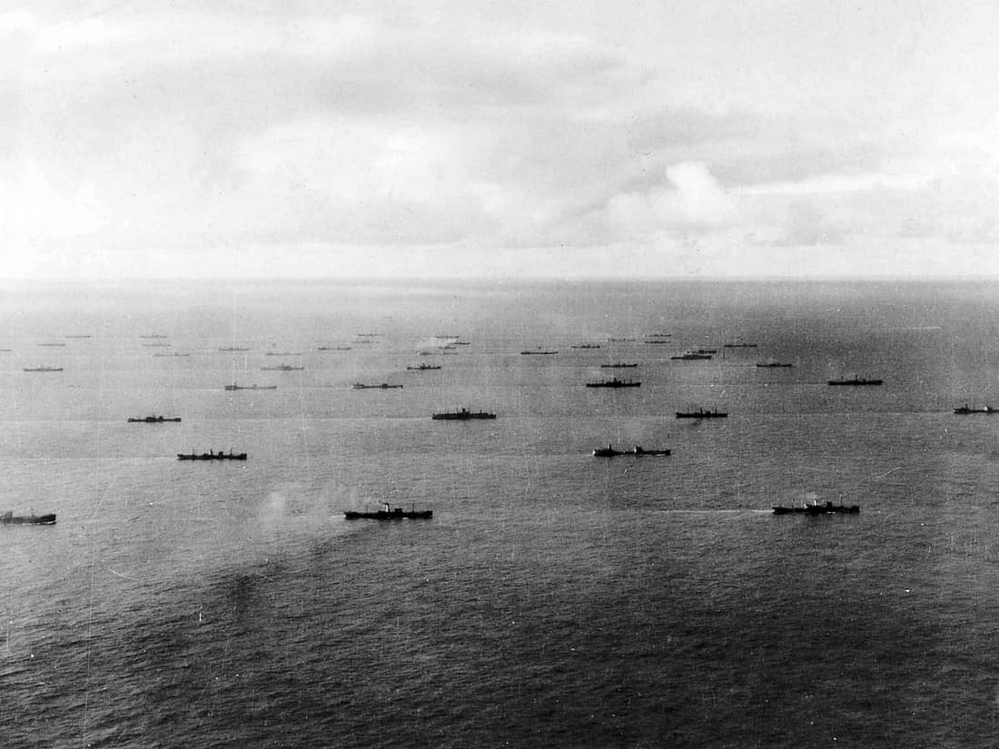 An Allied convoy underway in the Atlantic Ocean near Iceland, circa in 1942.