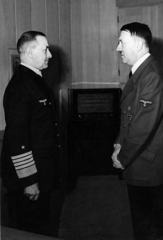 For documentary purposes the German Federal Archive often retained the original image captions, which may be erroneous, biased, obsolete or politically extreme. Erich Raeder, Adolf Hitler Zentralbild In seinem Hauptquart