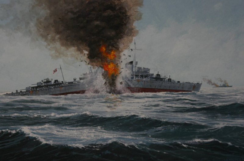Painting of the Battle of the Barents Sea, World War II. The ship depicted is the German destroyer Friedrich Eckoldt.