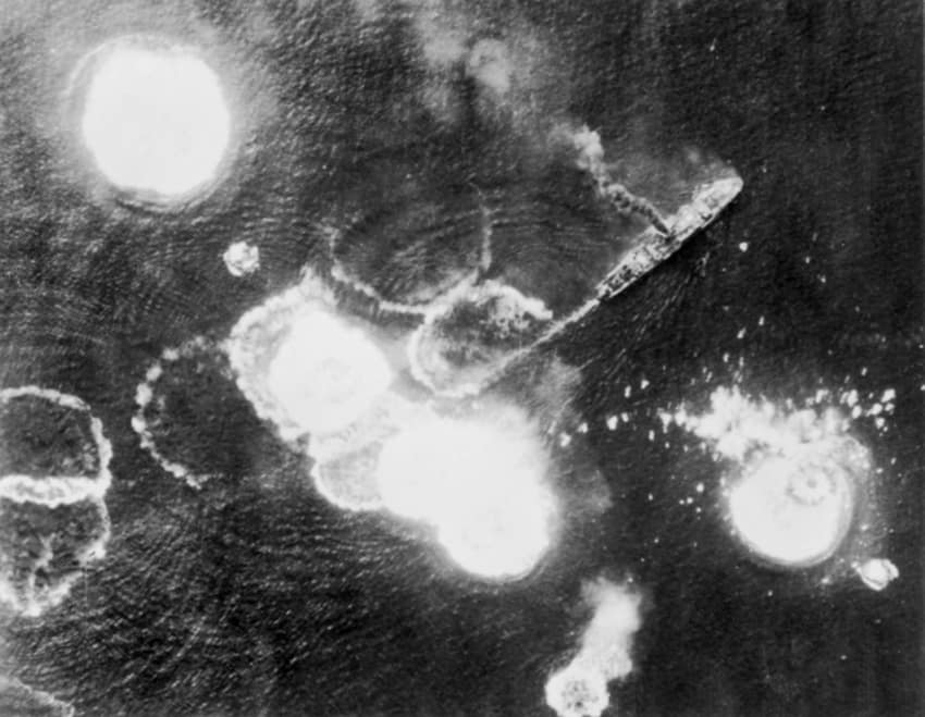 A Japanese transport under attack during the Battle of the Bismarck Sea, 3 March 1943.