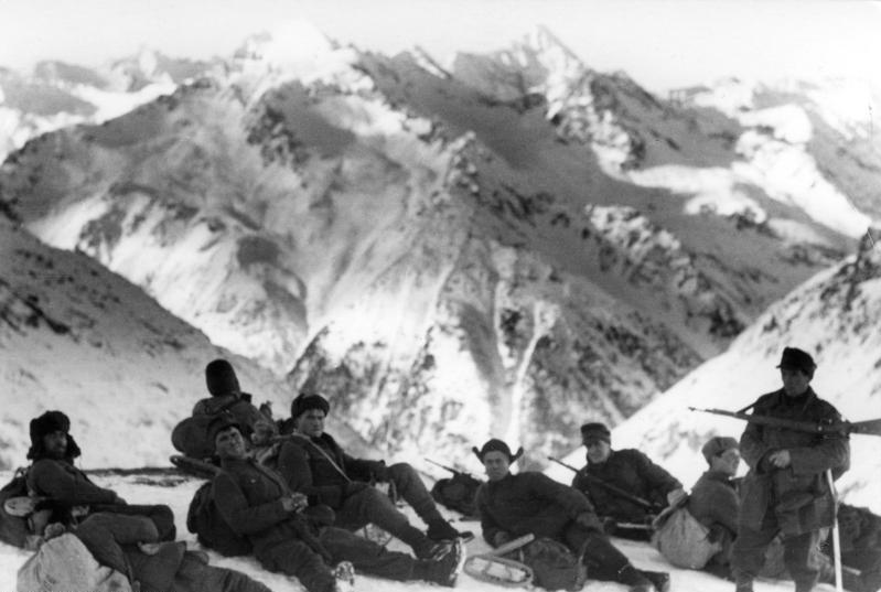 On 22 December 1942, German soldiers from the mountain troops, in the snow having a rest, Caucasus, Soviet Union.