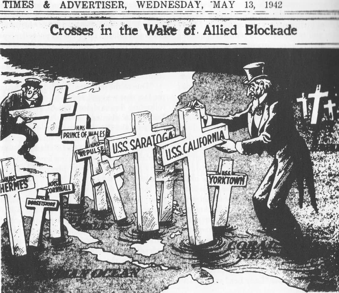 A propaganda cartoon in the Japanese English-language newspaper Japan Times &amp; Advertiser on May 13, 1942 depicts, in the aftermath of the Battle of the Coral Sea, a mournful Uncle Sam joining John Bull in erecting gr