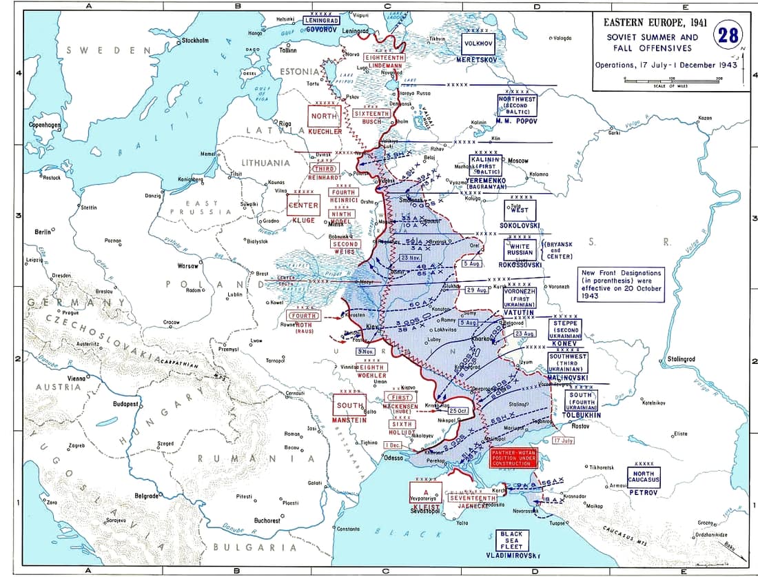 Map of the Dnieper battle and connected operations in 1943, map base from 1941