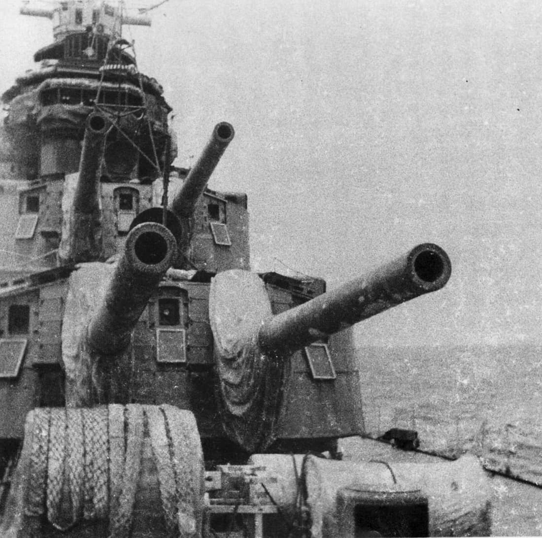 The forward 203 mm (8 in) guns of the heavy cruiser Haguro taken during a break from the action in the battle of the Java Sea. Earlier in the battle, these guns crippled the heavy cruiser HMS Exeter, and later assisted i