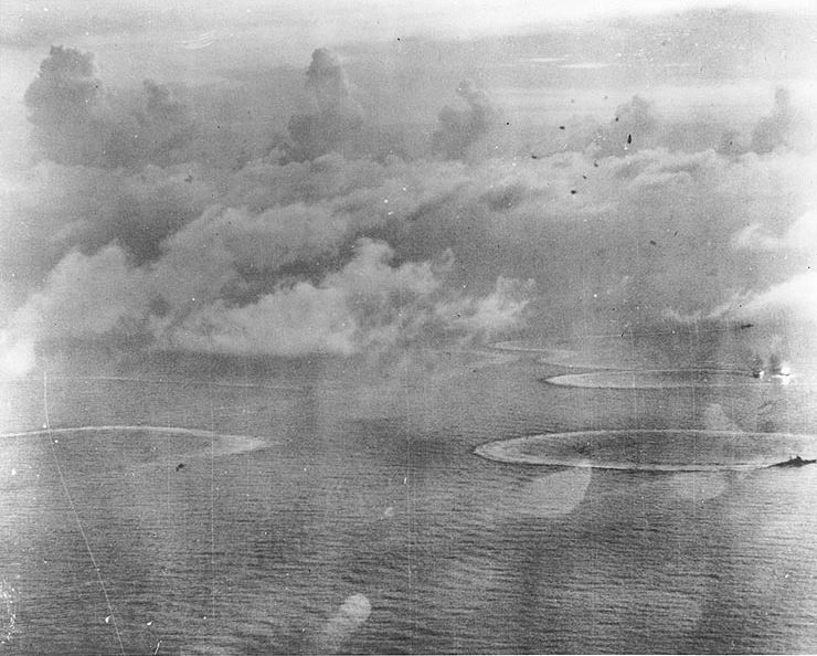 Japanese Carrier Division Three under attack by United States Navy aircraft from Task Force 58 in the battle of the Philippine Sea, late afternoon of 20 June 1944. Photographed from a USS Bunker Hill plane. Heavy cruiser
