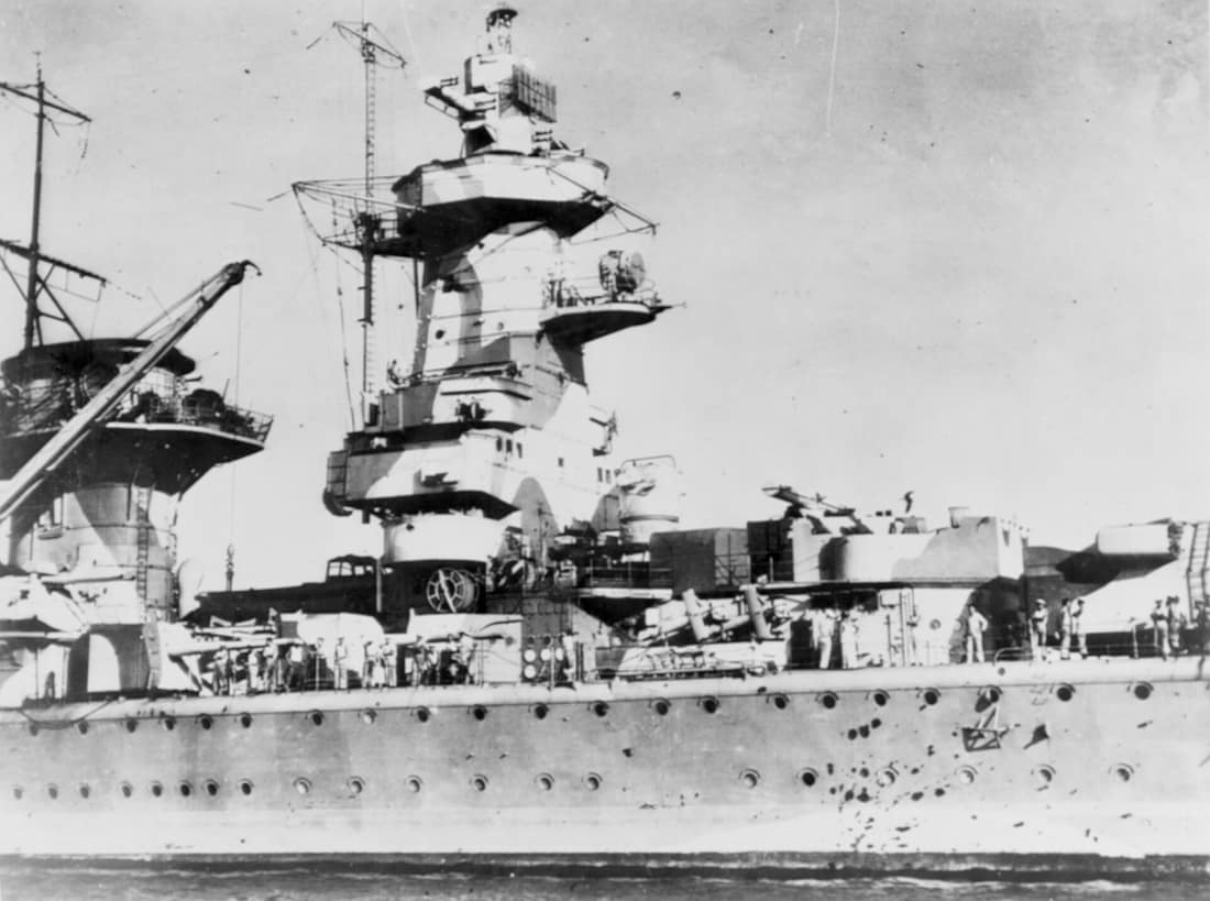 Admiral Graf Spee (German Armored Ship, 1936) View of the ship's forward superstructure, starboard side, taken while she was off Montevideo, Uruguay in mid-December 1939, following the Battle of the River Plate. Note the