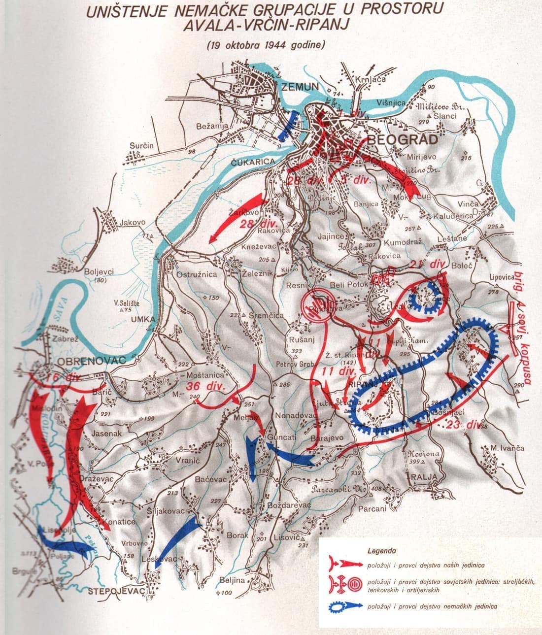 Map describing the Belgrade Operation (Destruction of the German group in the area of ​​Avala - Vrčin-Ripanj (19 October 1944))