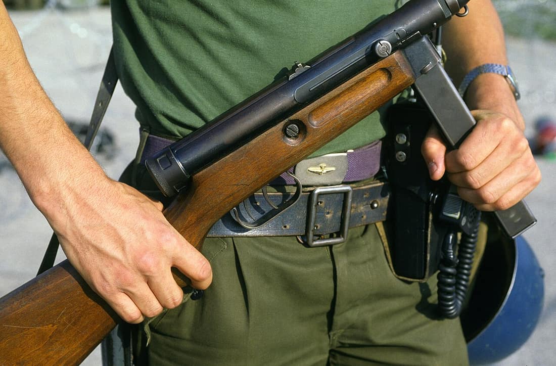 A model 38/49 Beretta submachine gun carried by an Italian soldier patrolling the perimeter of a 6913th Electronic Security Squadron mobile installation during the Electronic Security Command Exercise DISPLAY DETERMINATI