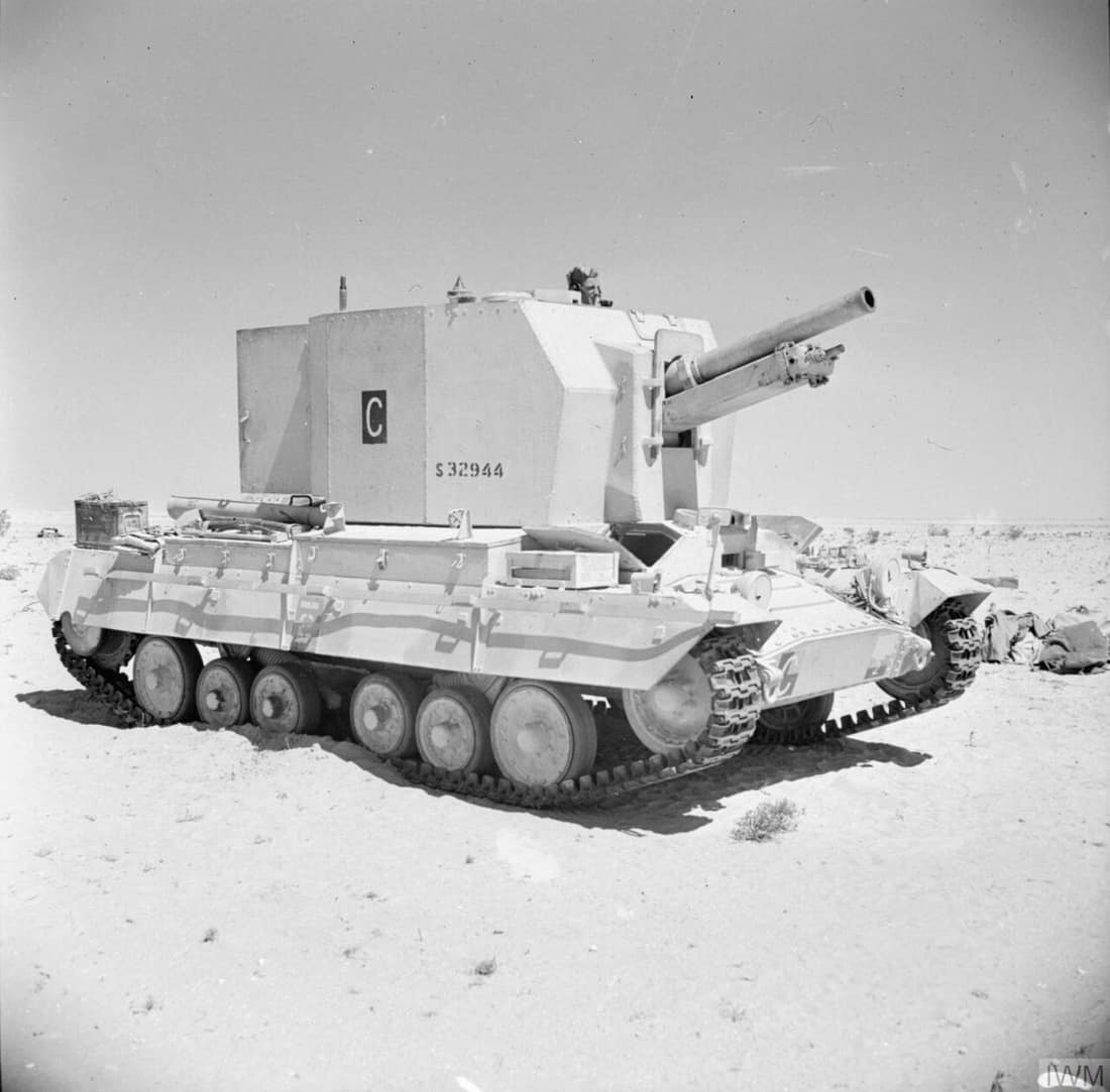 Photograph of a Bishop 25-pounder self-propelled gun in the Western Desert.