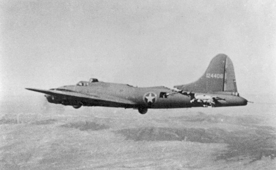 From the source: "Boeing B-17F Boeing B-17F-5-BO (S/N 41-24406) "All American III" of the 97th Bomb Group, 414th Bomb Squadron, in flight after a collision with an Me-109. The aircraft was able to land safely. (U.S. Air 