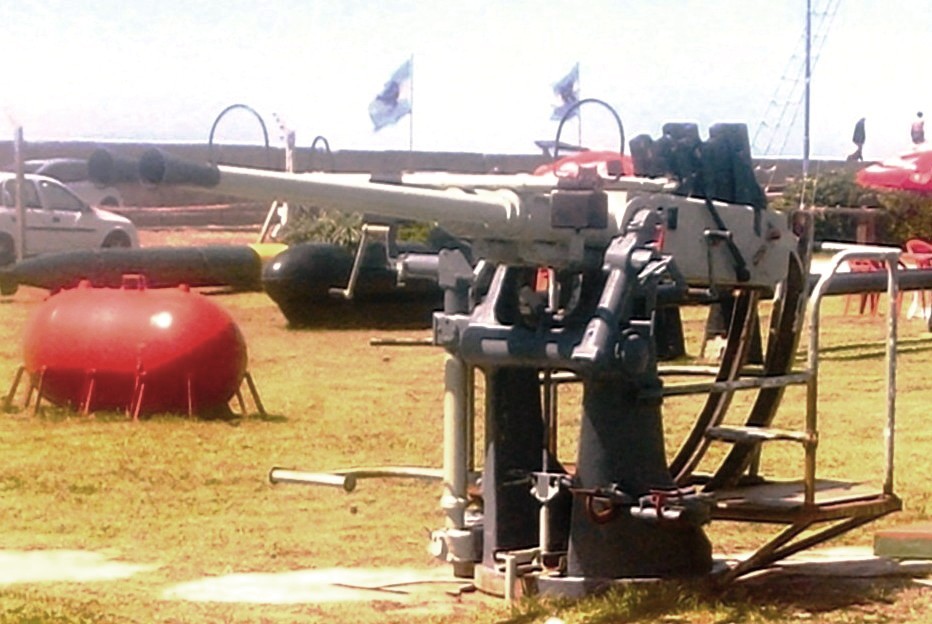 A twin Bofors L/60 antiarcraft cannon dismounted from a Drummond class corvette of the Argentine Navy