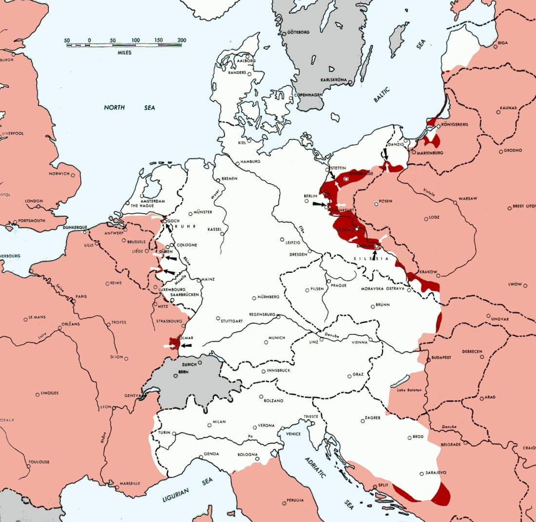 Map of the front against Germany: This map is taken from the source "Atlas of the World Battle Fronts in Semimonthly Phases to August 15th 1945: Supplement to The Biennial report of The Chief of Staff of the United State
