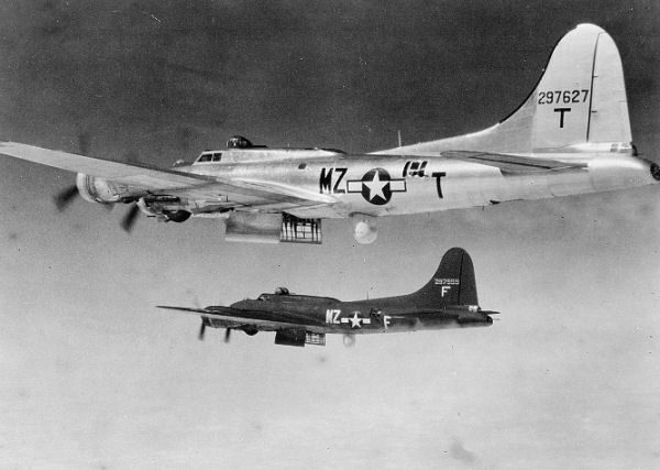 In foreground is Lockheed/Vega B-17G-20-VE Flying Fortresss Serial 42-97627, of the 413th Bomb Squadron, 96th Bomb Group, based at RAF Snetterton Heath, England.