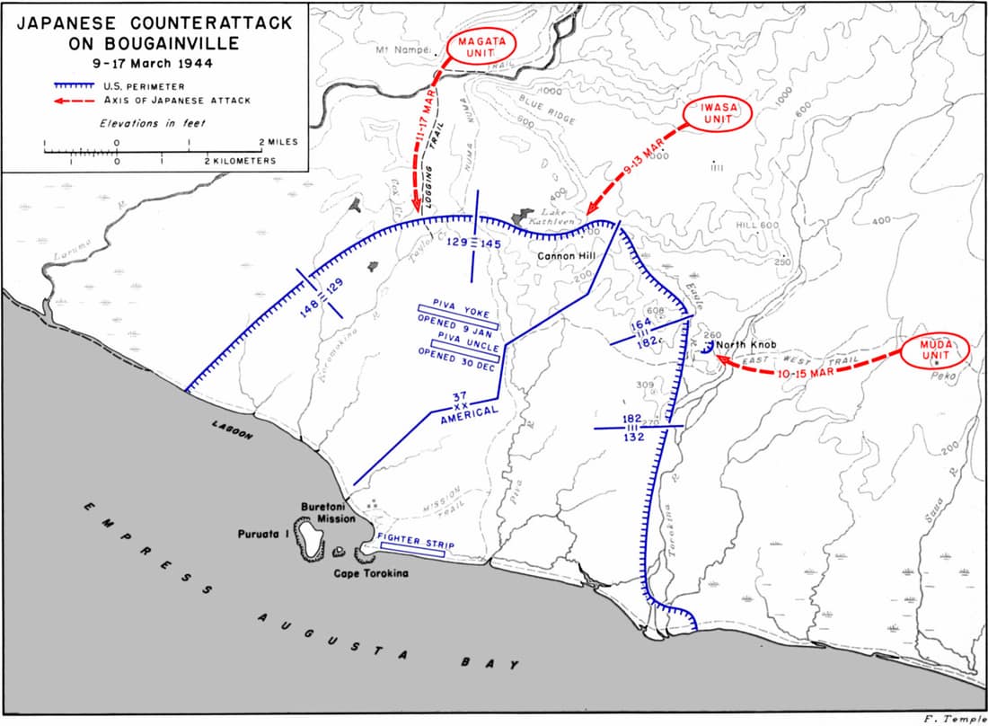 A map depicting the Japanese Counterattack on Bougainville during World War II which took place between 9 and 17 March 1944 sourced from the US Army's official history of the campaign CARTWHEEL: The Reduction of Rabaul b