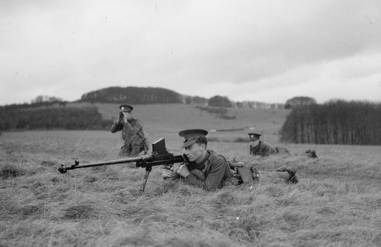 Soldier of The Rifle Brigade prepares to fire a 0.55 inch Boys Anti-tank Rifle during a military exercise.