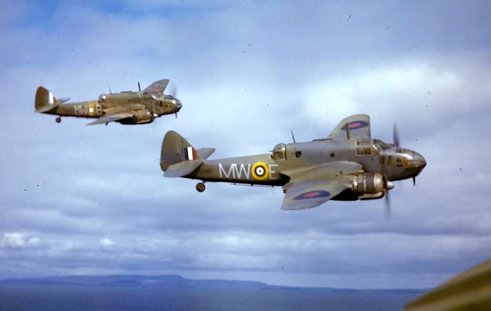 Two Royal Air Force Bristol Beauforts (N1173/`MW-E' and AW242/`MW-B') of 217 Squadron, Royal Air Force, patrolling the British coast near St. Eval, Cornwall (UK).