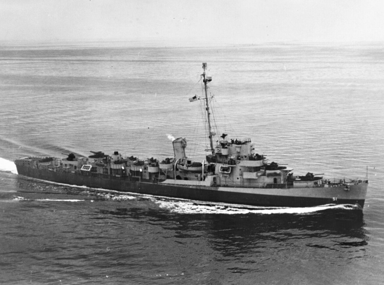 The U.S. Navy destroyer escort USS Buckley (DE-51) underway in the Atlantic Ocean off Boston, Massachusetts (USA), on 10 June 1944.