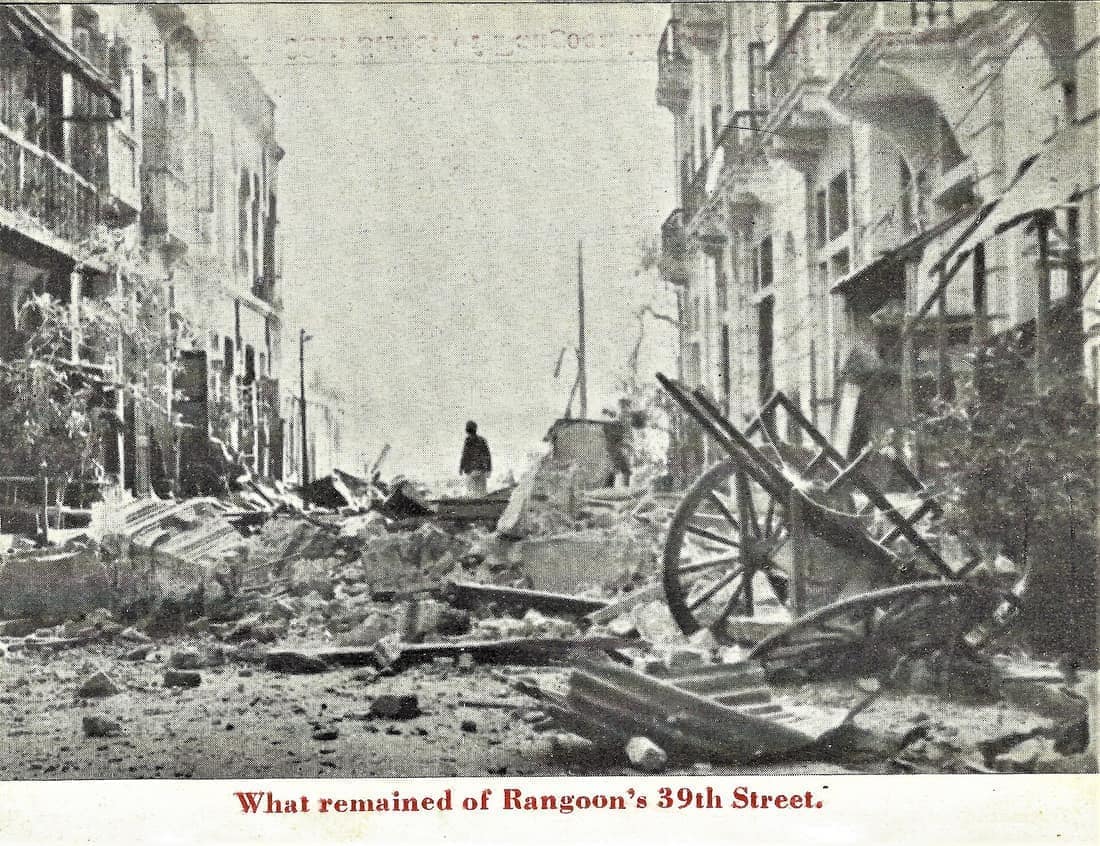 Rangoon, Burma, 39th Street after Japanese bombing December 1941
