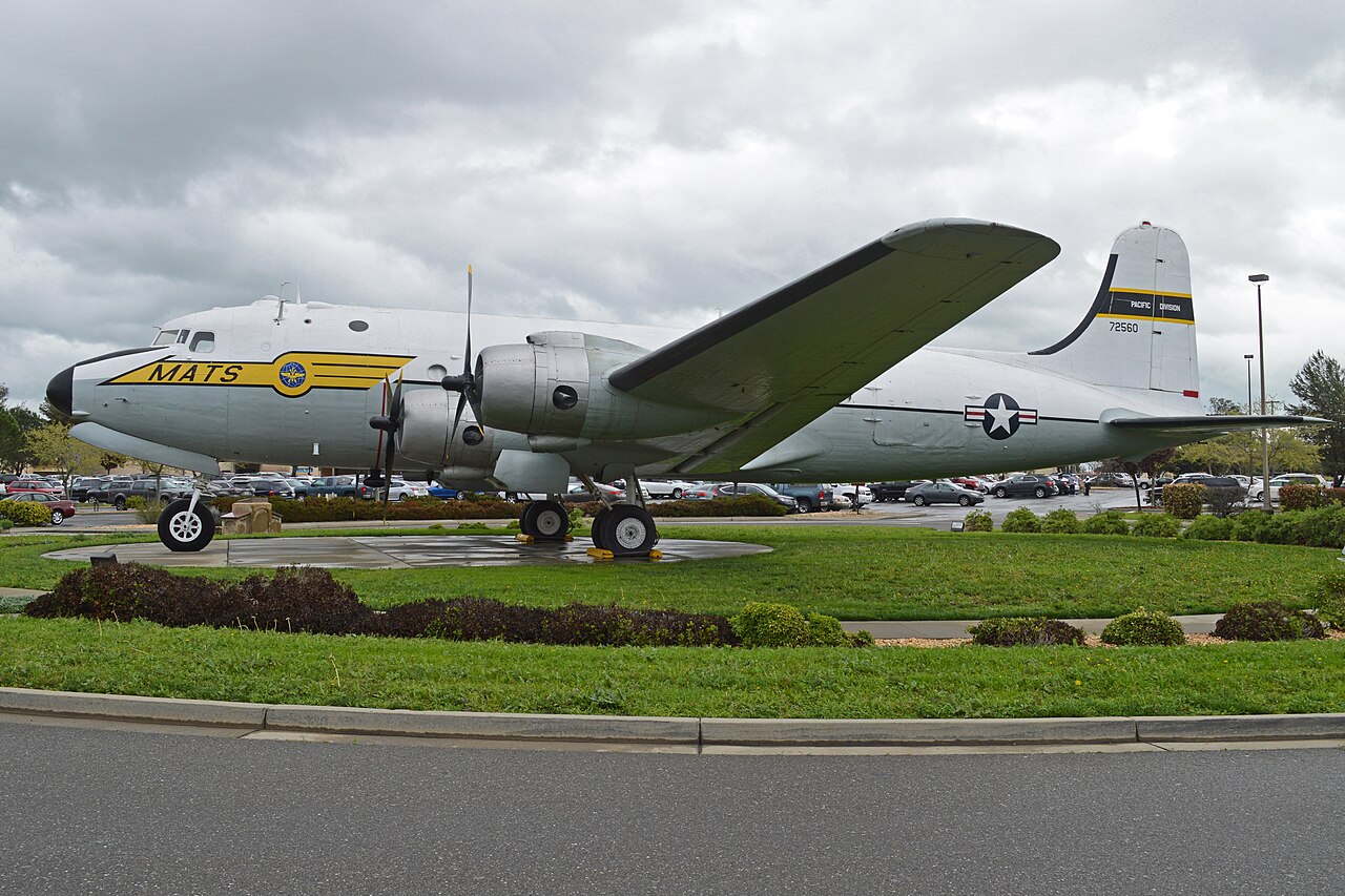 c/n 10665. Full US military serial 42-72560. Although part of the Travis AFB Heritage Center collection, she is actually displayed at a roundabout on Skymaster Drive, some distance from the museum. Travis AFB, Fairfield,