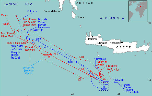 Battle map summary of Battle of Cape Matapan, 28th March 1941 Map by Gordon Smith, Naval-History.Net, details from Roskill's "The War at Sea"