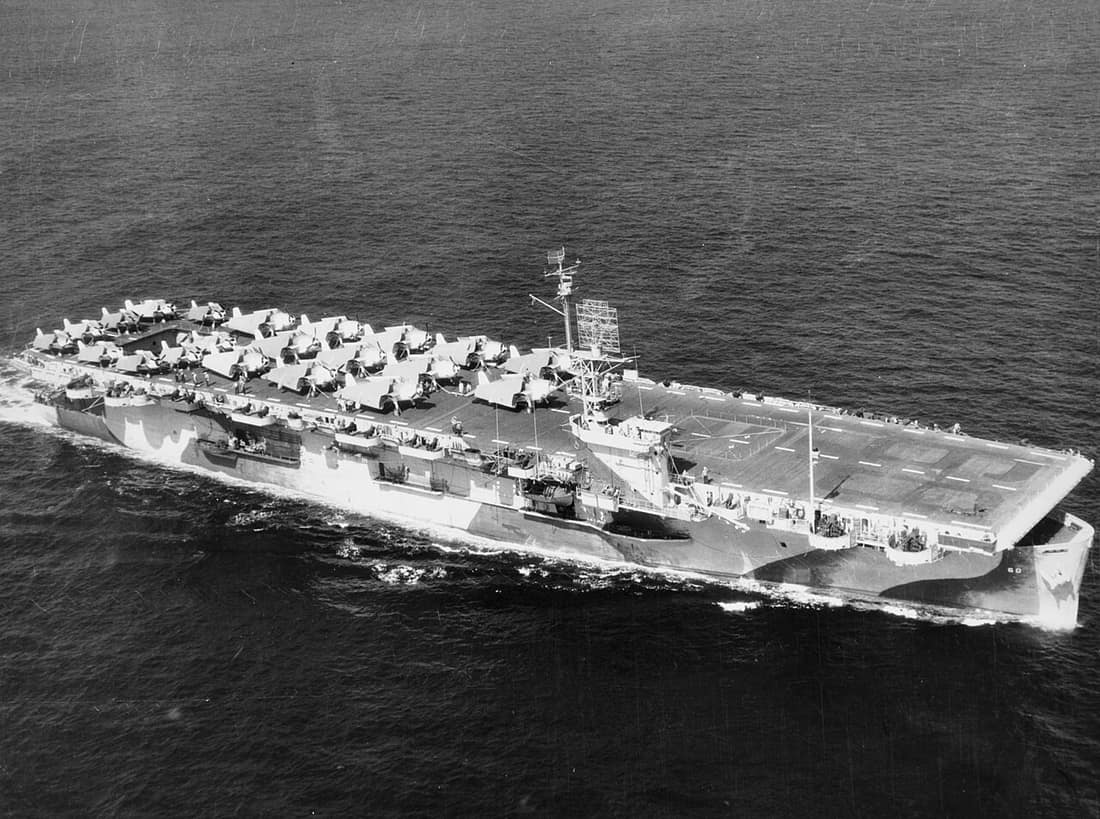 The U.S. Navy escort carrier USS Guadalcanal (CVE-60) photographed from a blimp of Airship Patrol Squadron 24 (ZP-24) while steaming off Hampton Roads, Virginia (USA), on 28 September 1944. Her reported position was 36-5