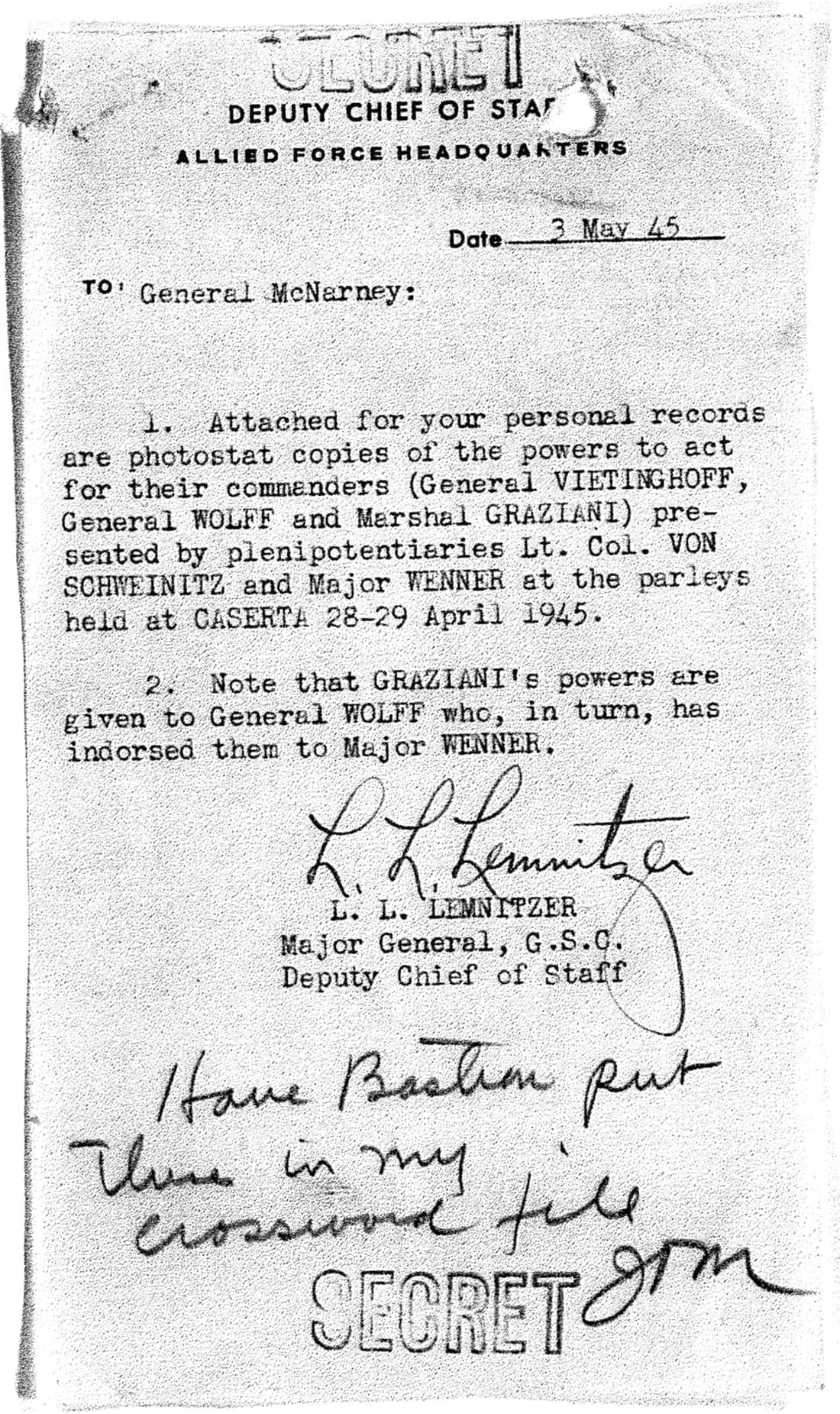 Accompanying letter for the photostat copies of the Caserta surrender Proxies