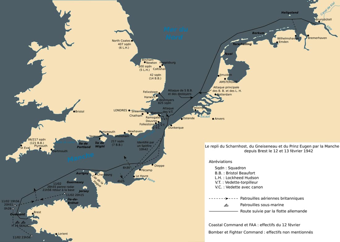 Le repli du Scharnhorst, du Gneisenau et du Prinz Eugen par la Manche depuis Brest le 12 et 13 février 1942.