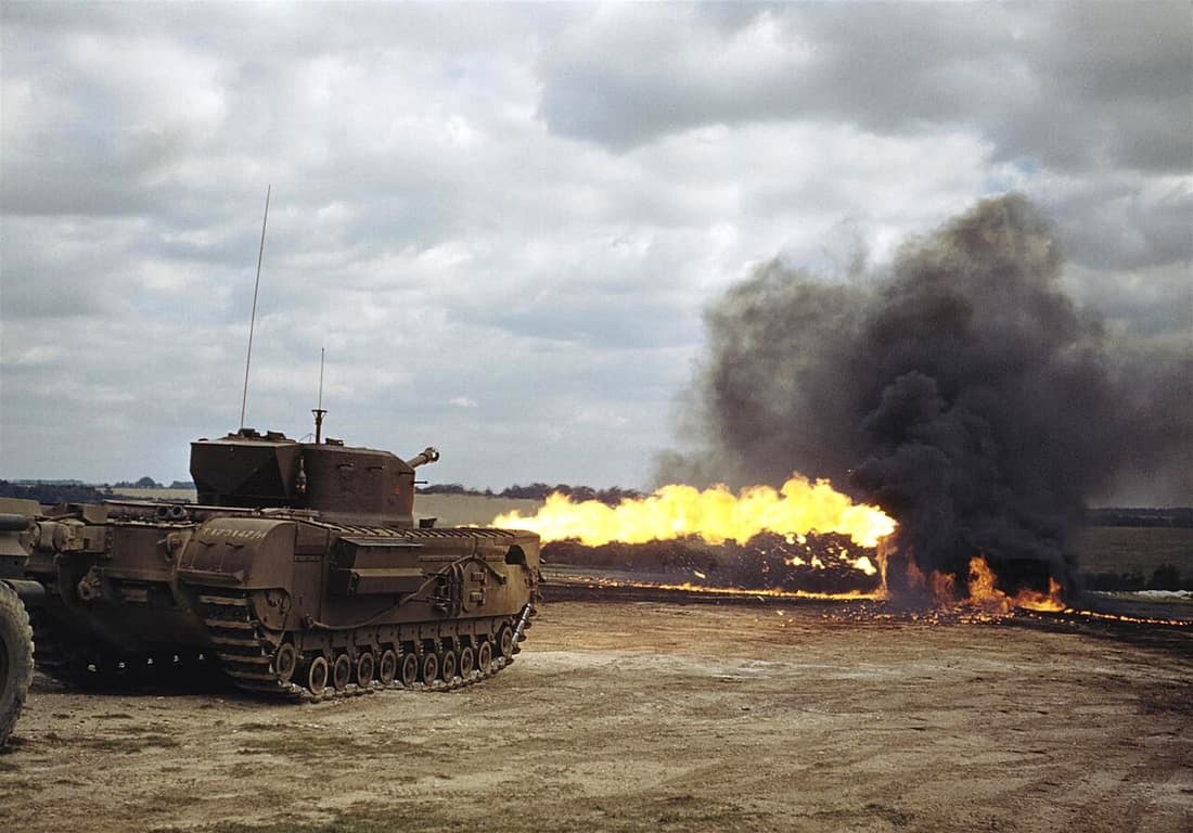 Flamethrowers in Action, August 1944 A Churchill tank fitted with a Crocodile flamethrower in action. This flamethrower could produce a jet of flame exceeding 150 yards in length.