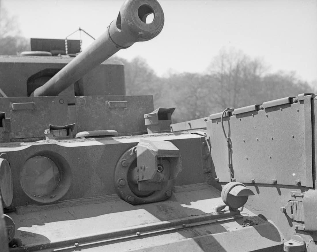 Close-up of the flame projector of a Churchill Crocodile during trials at Eastwell Park, Ashford, Kent