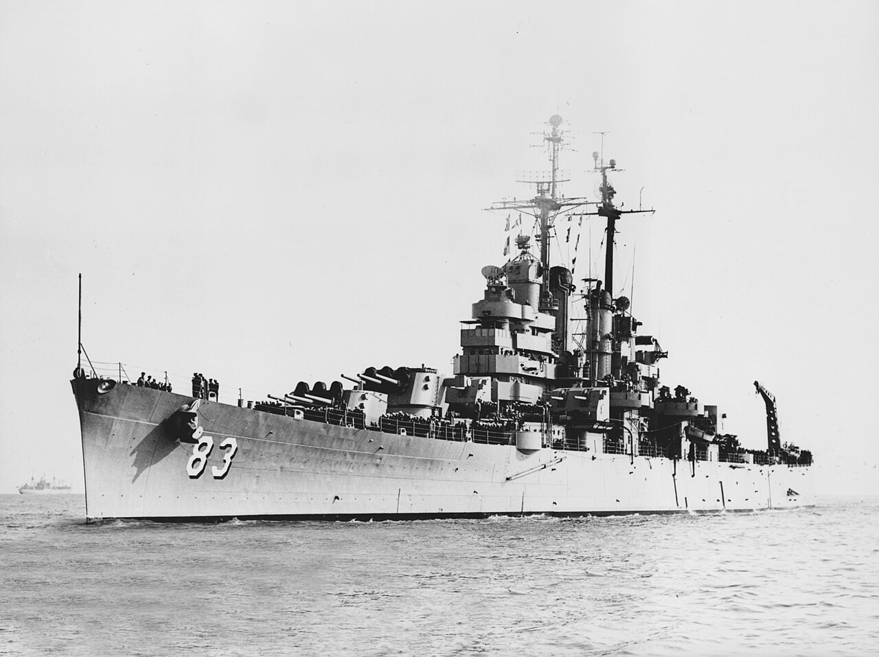 The U.S. Navy light cruiser USS Manchester (CL-83) underway on 31 October 1952 following a regular overhaul at the San Francisco Naval Shipyard, California (USA).